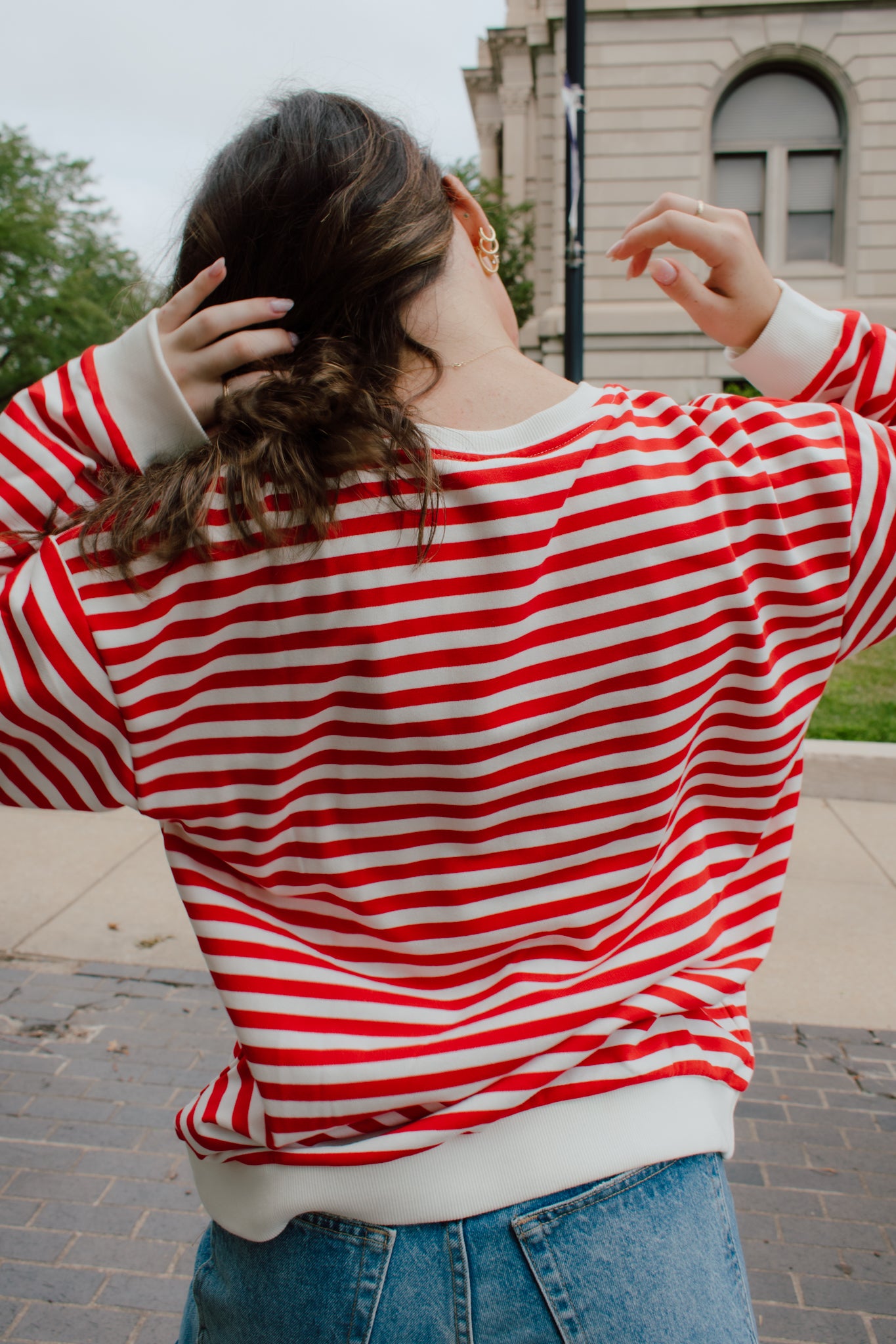 Go Big Red Striped Crewneck
