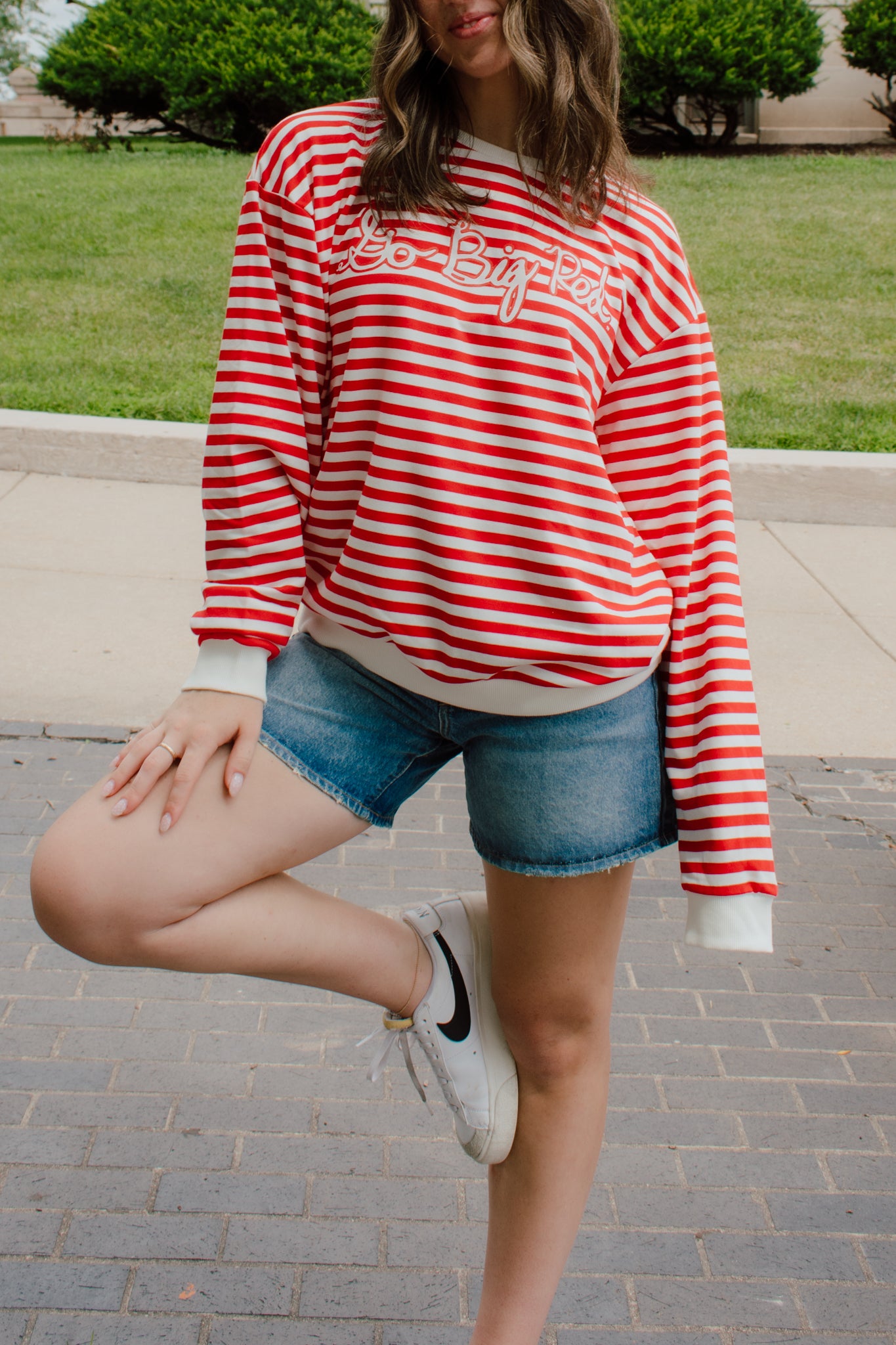 Go Big Red Striped Crewneck