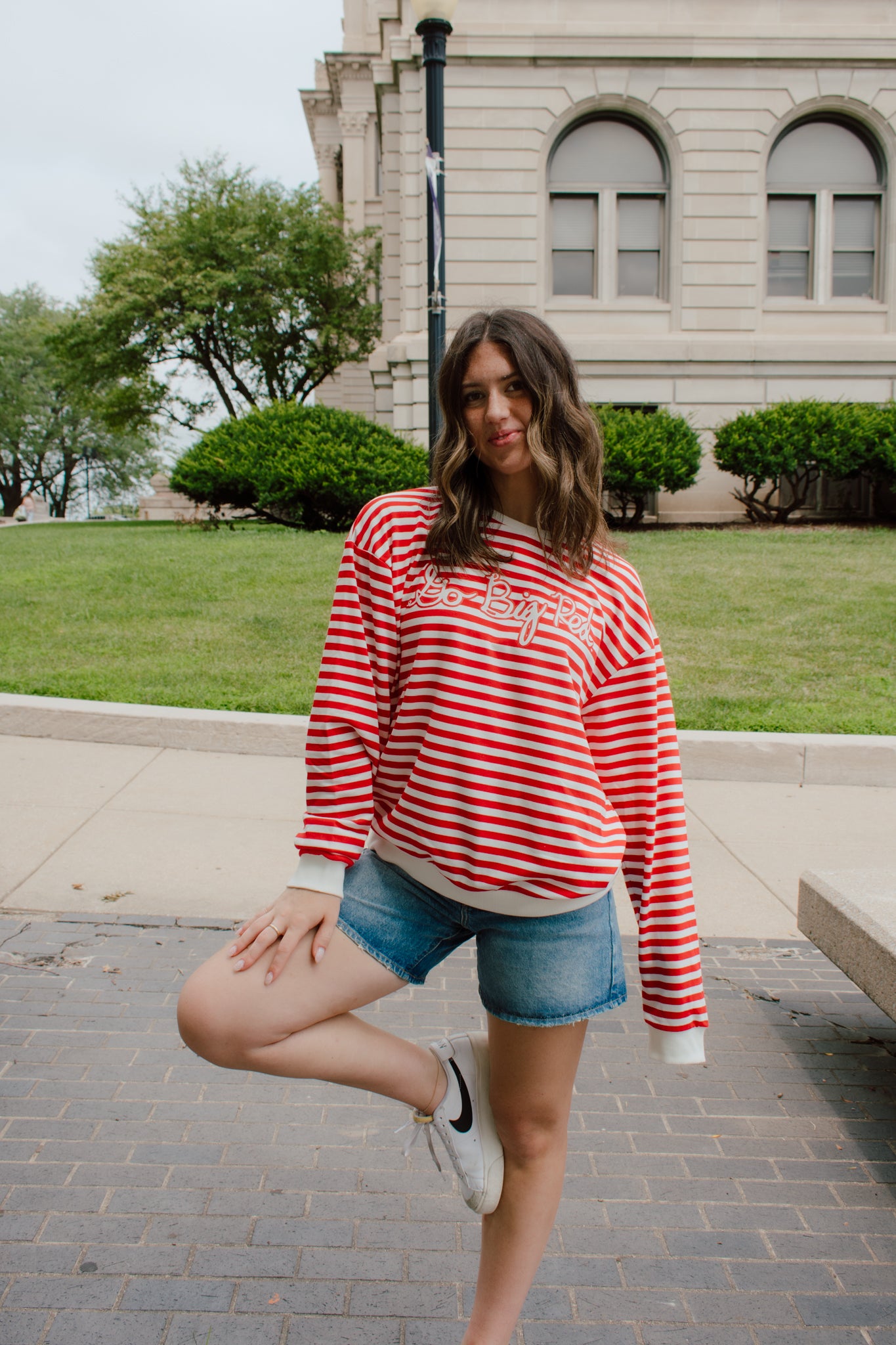 Go Big Red Striped Crewneck