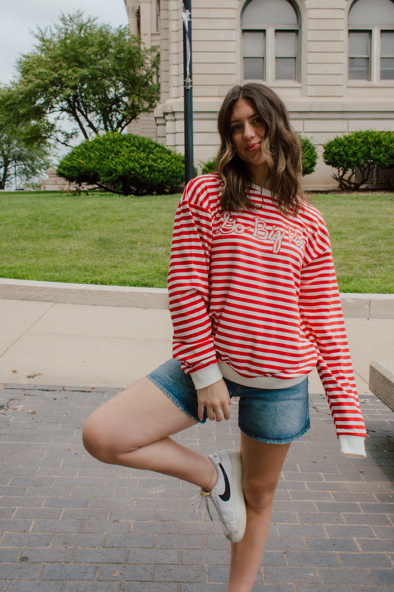 Go Big Red Striped Crewneck