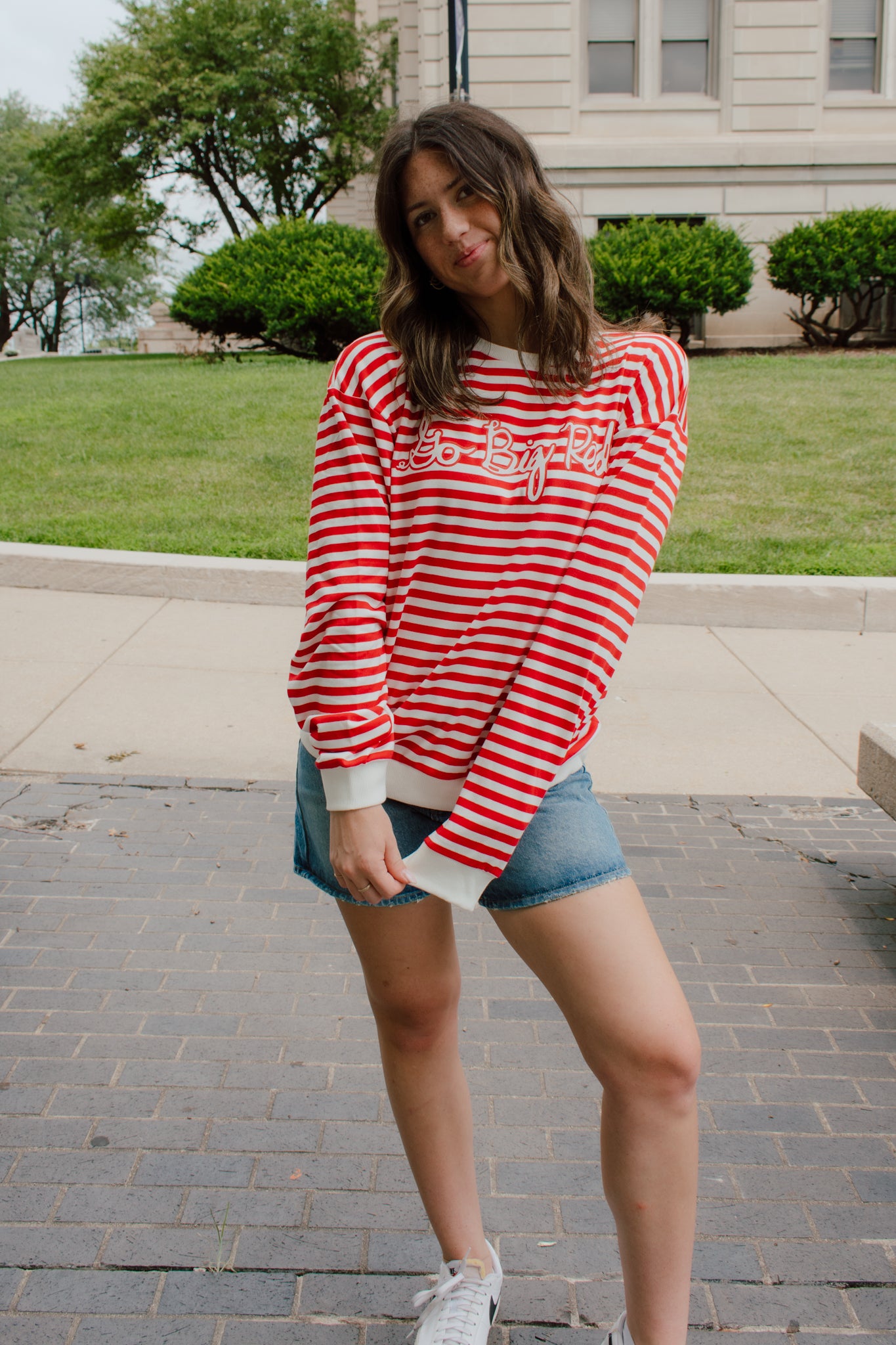 Go Big Red Striped Crewneck