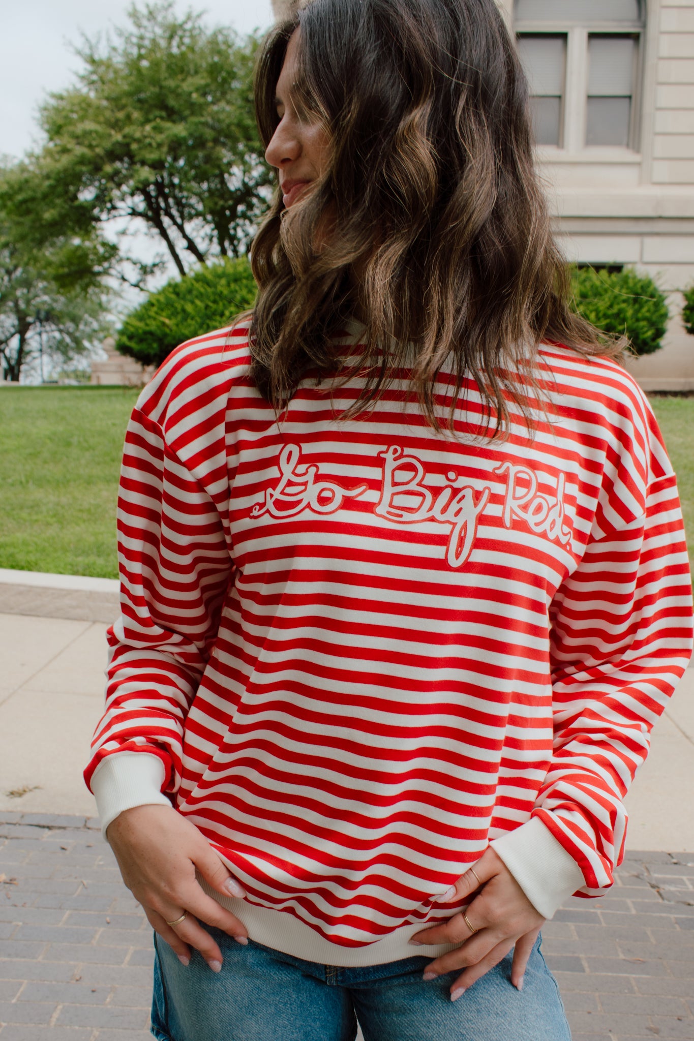 Go Big Red Striped Crewneck