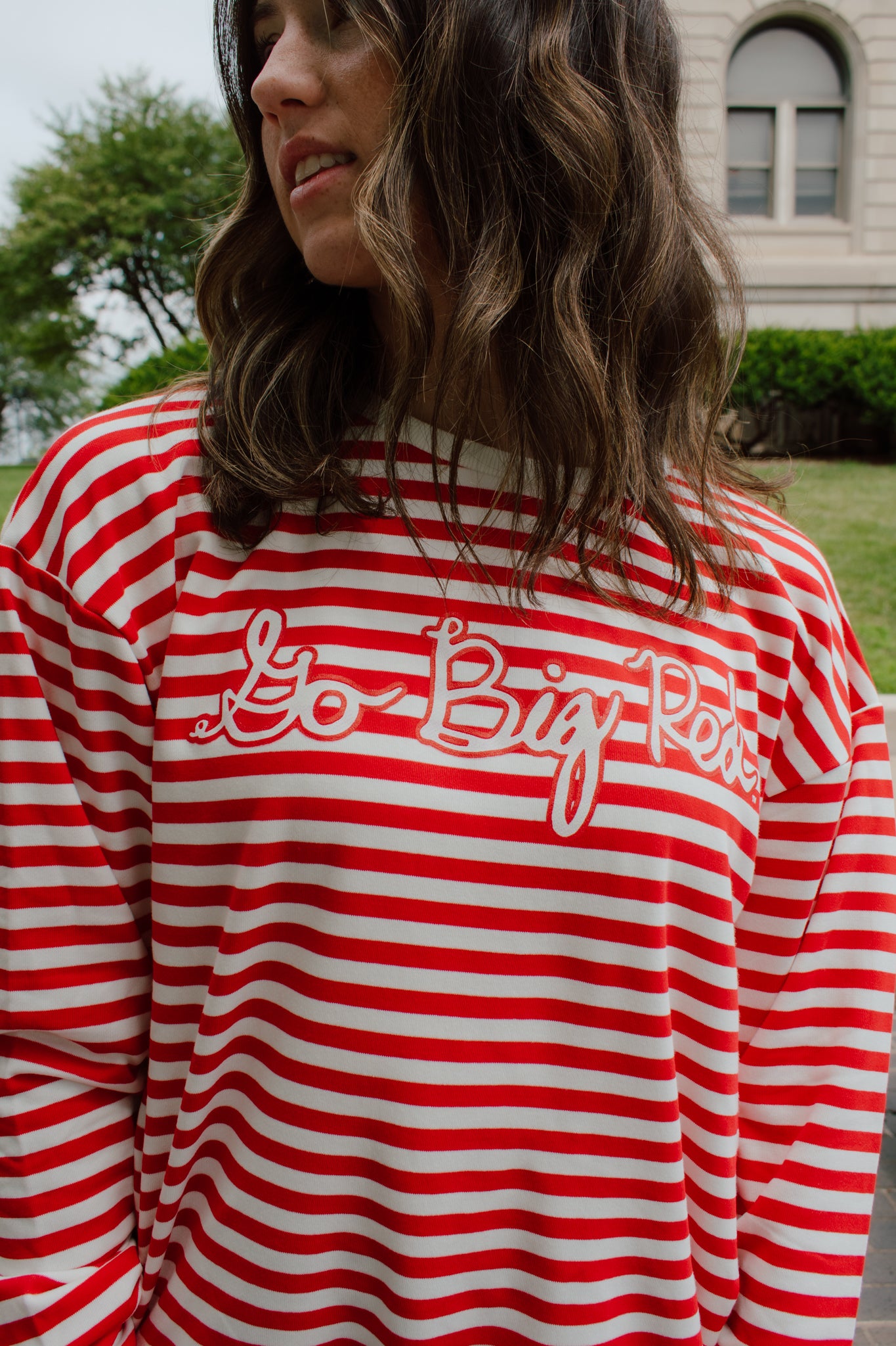 Go Big Red Striped Crewneck