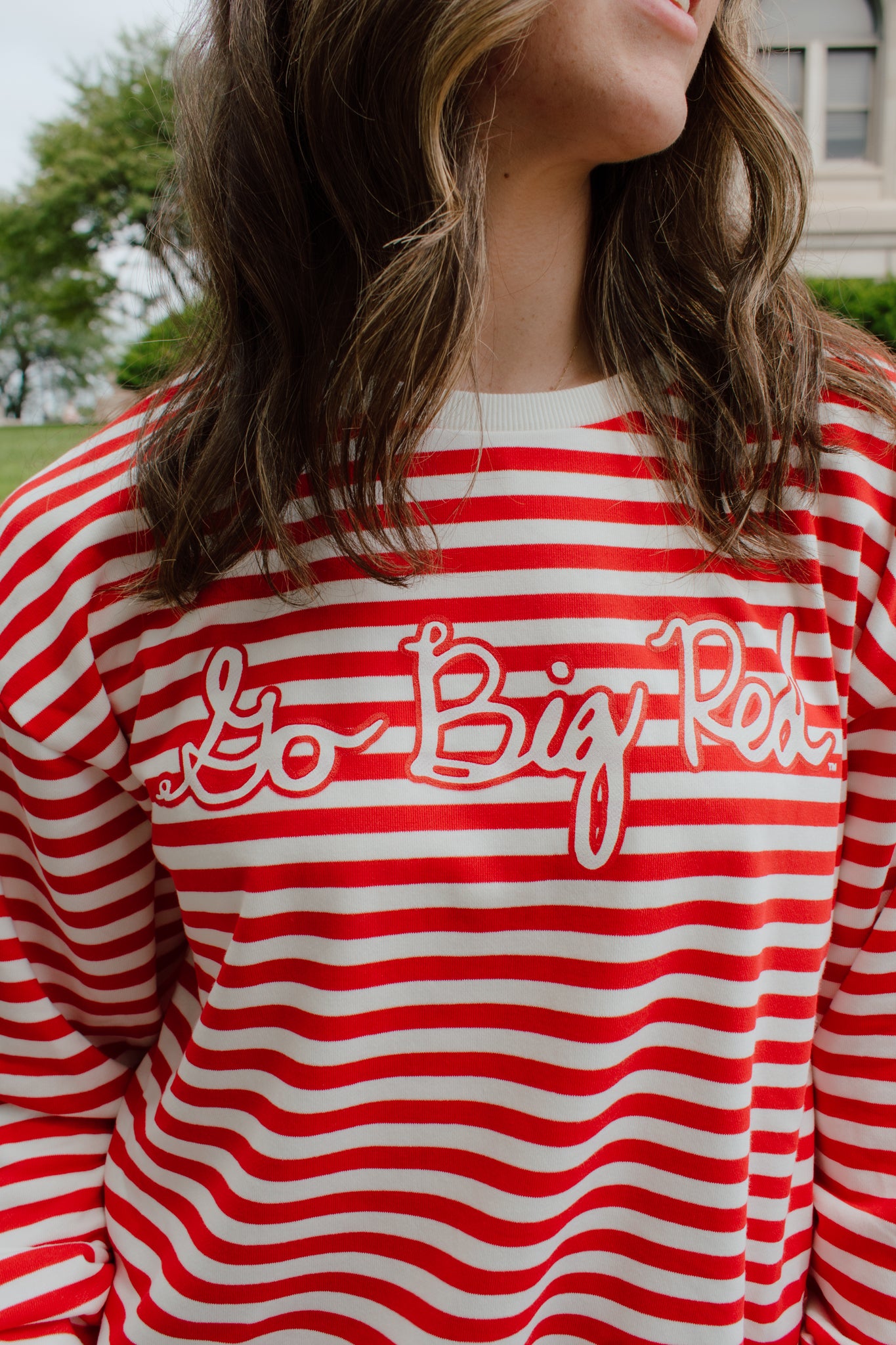 Go Big Red Striped Crewneck
