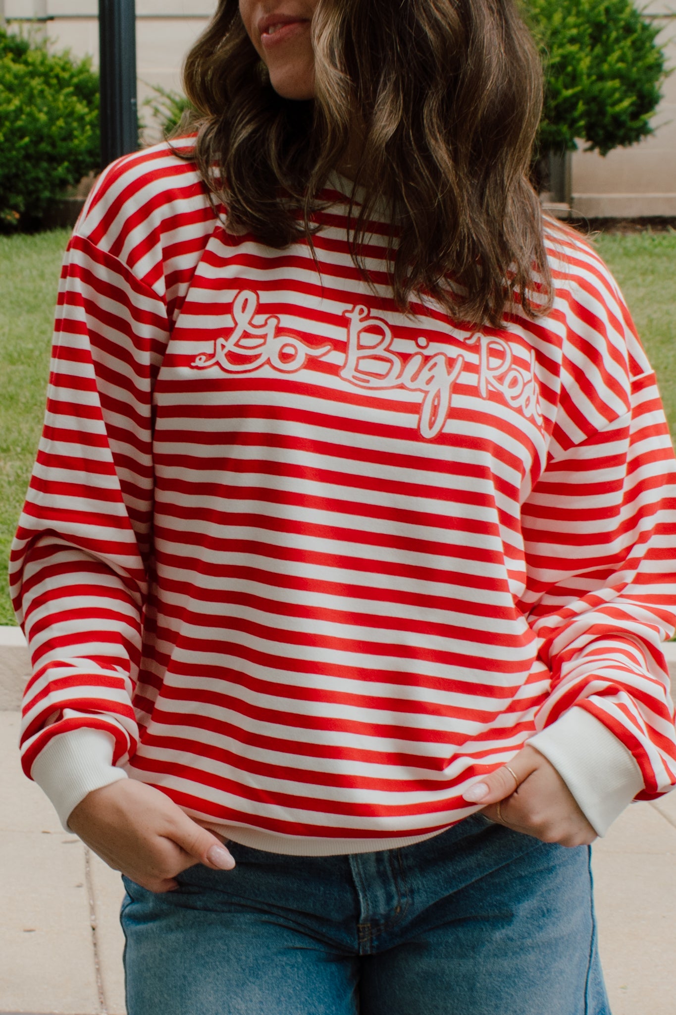 Go Big Red Striped Crewneck