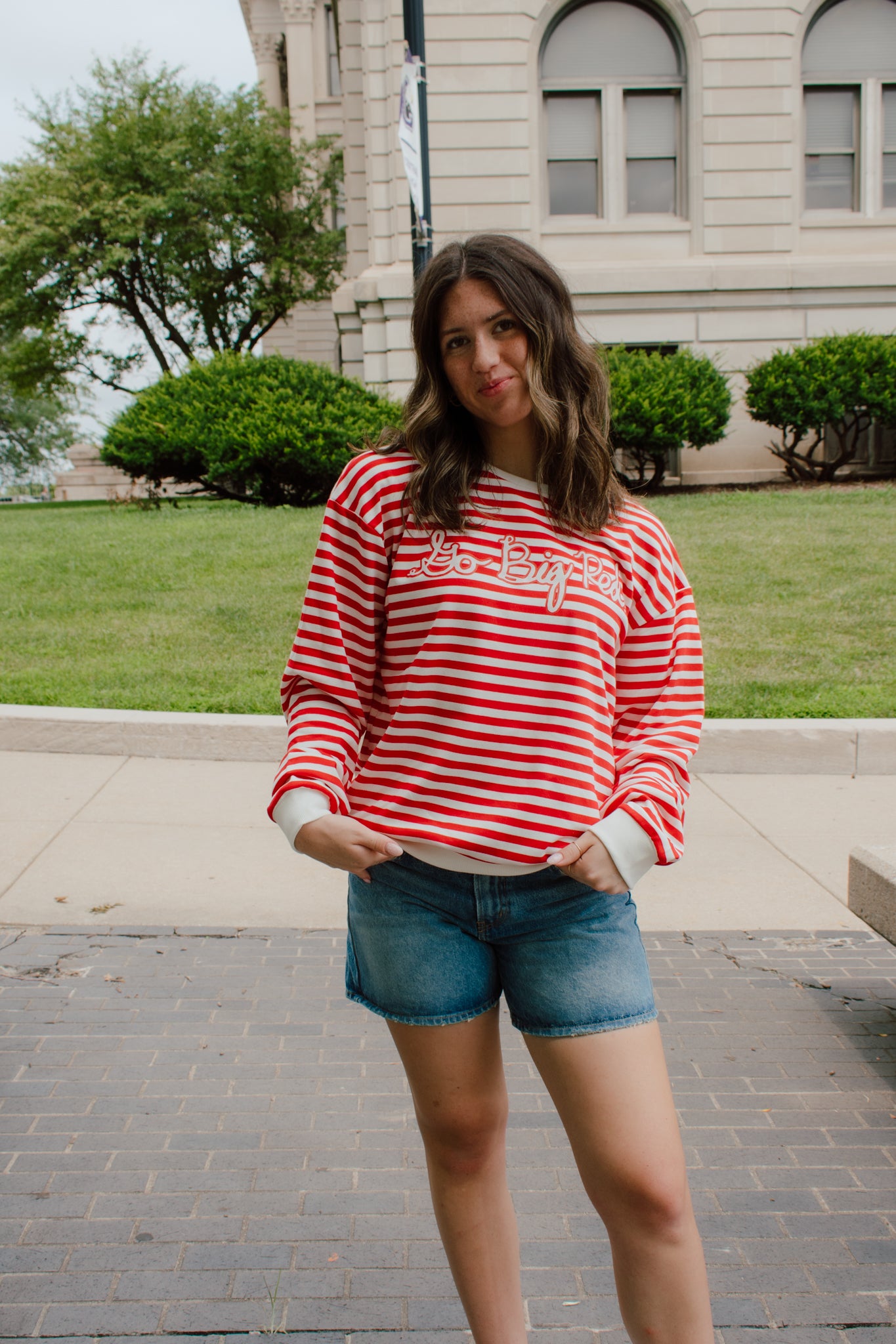 Go Big Red Striped Crewneck