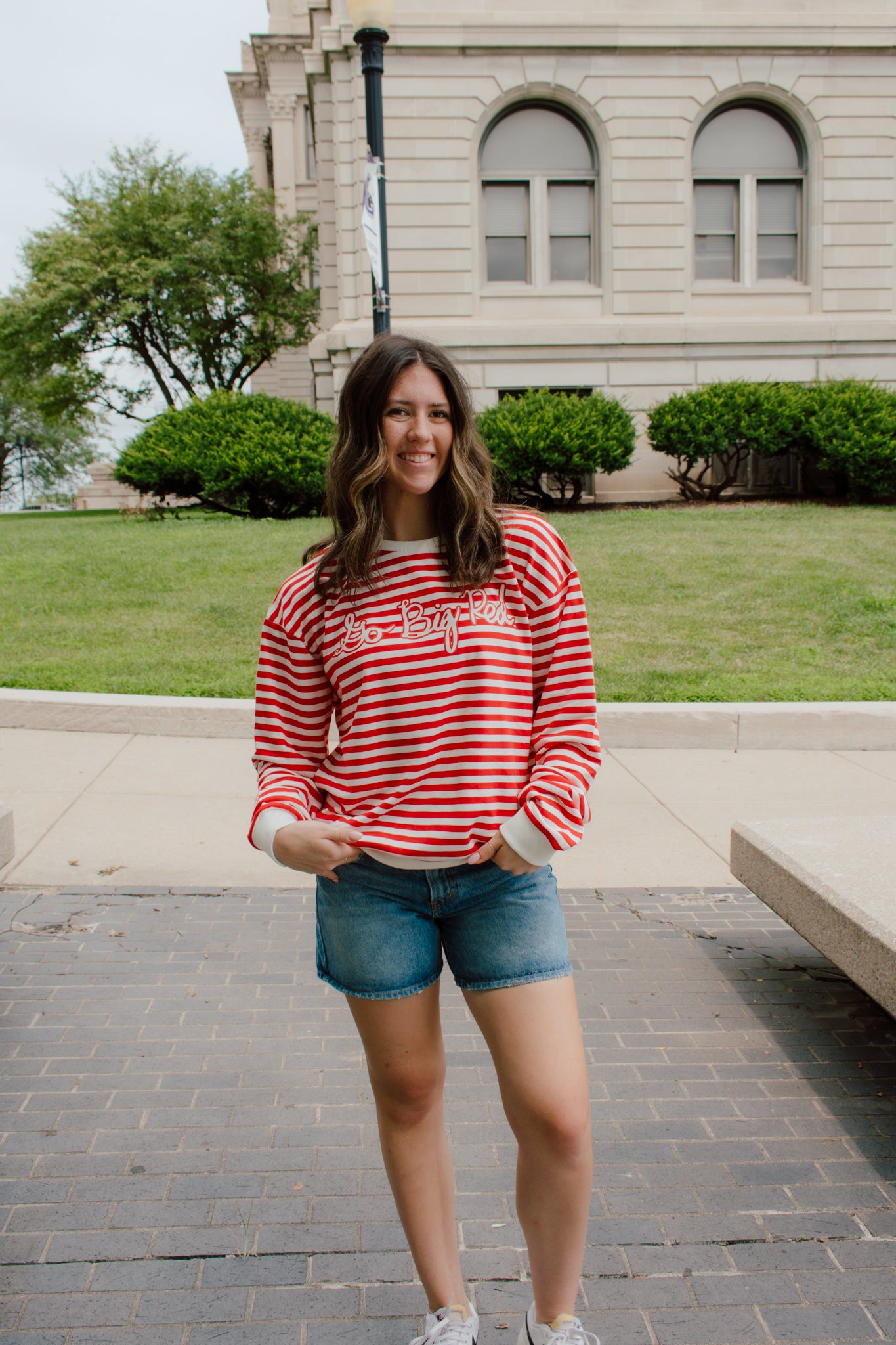 Go Big Red Striped Crewneck