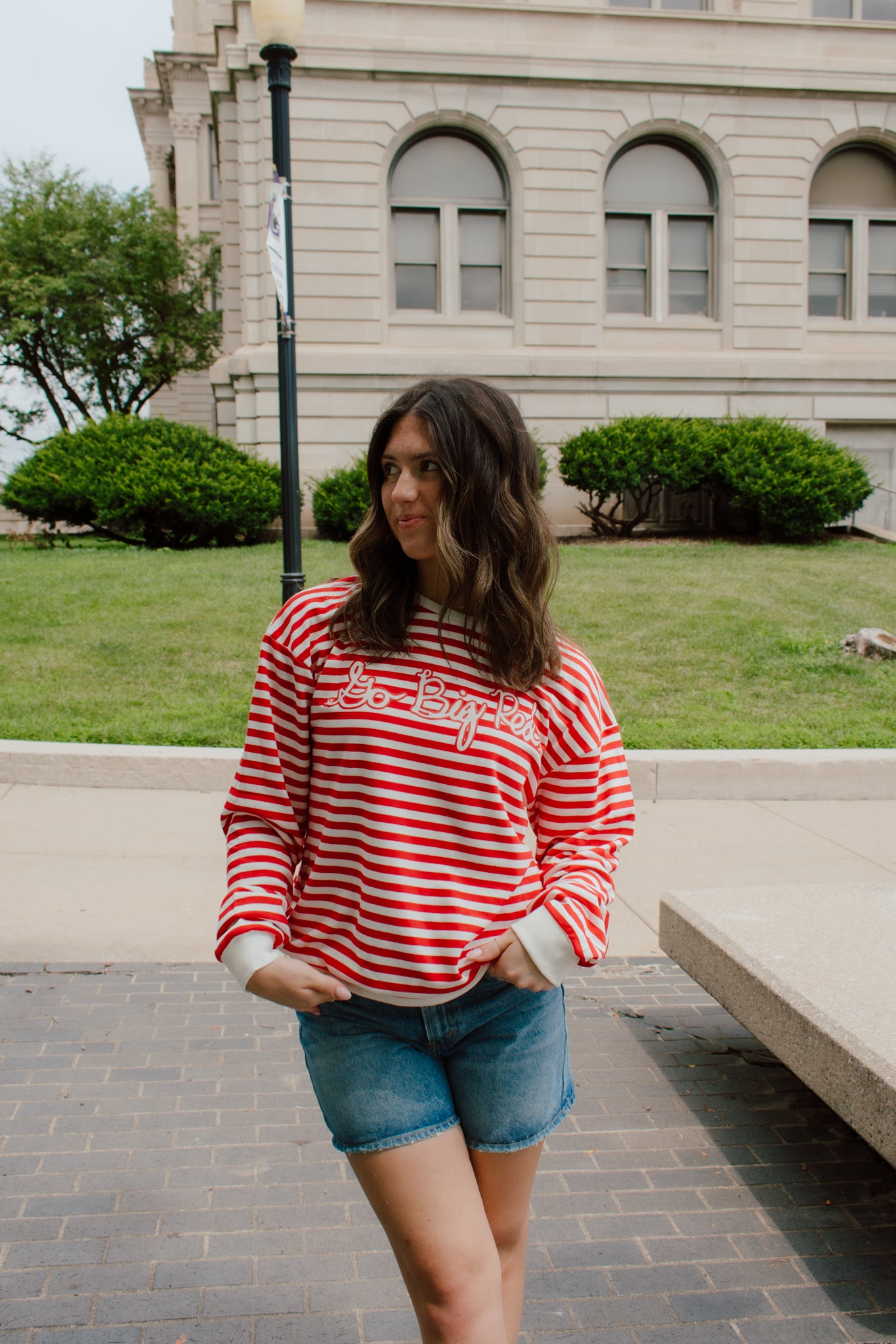 Go Big Red Striped Crewneck