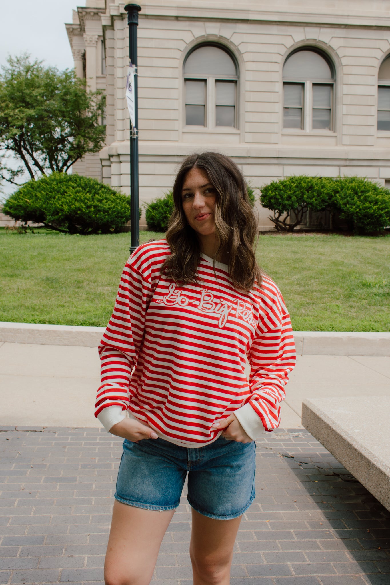 Go Big Red Striped Crewneck