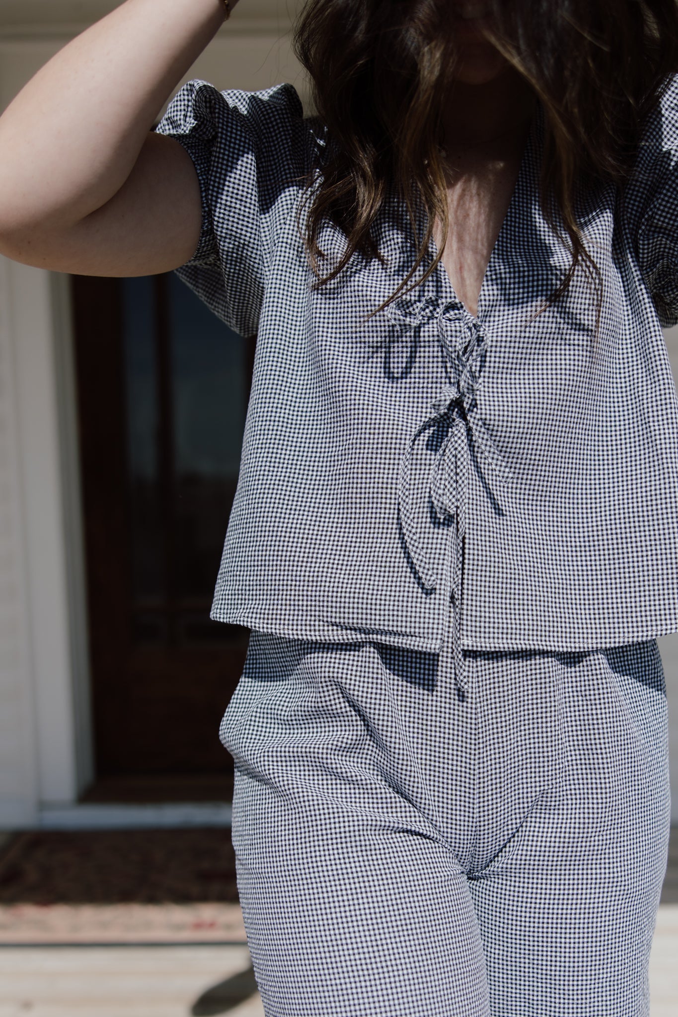 Seersucker Tie Front Blouse