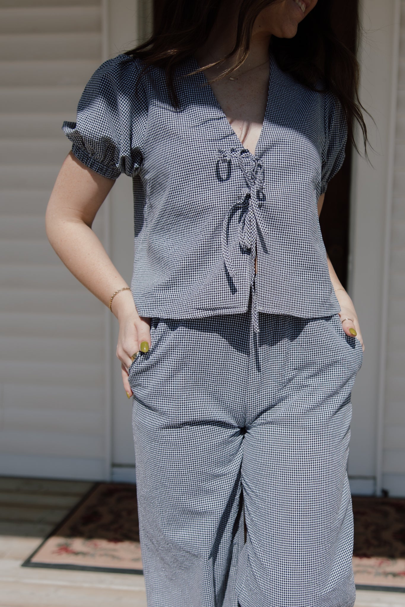 Seersucker Tie Front Blouse