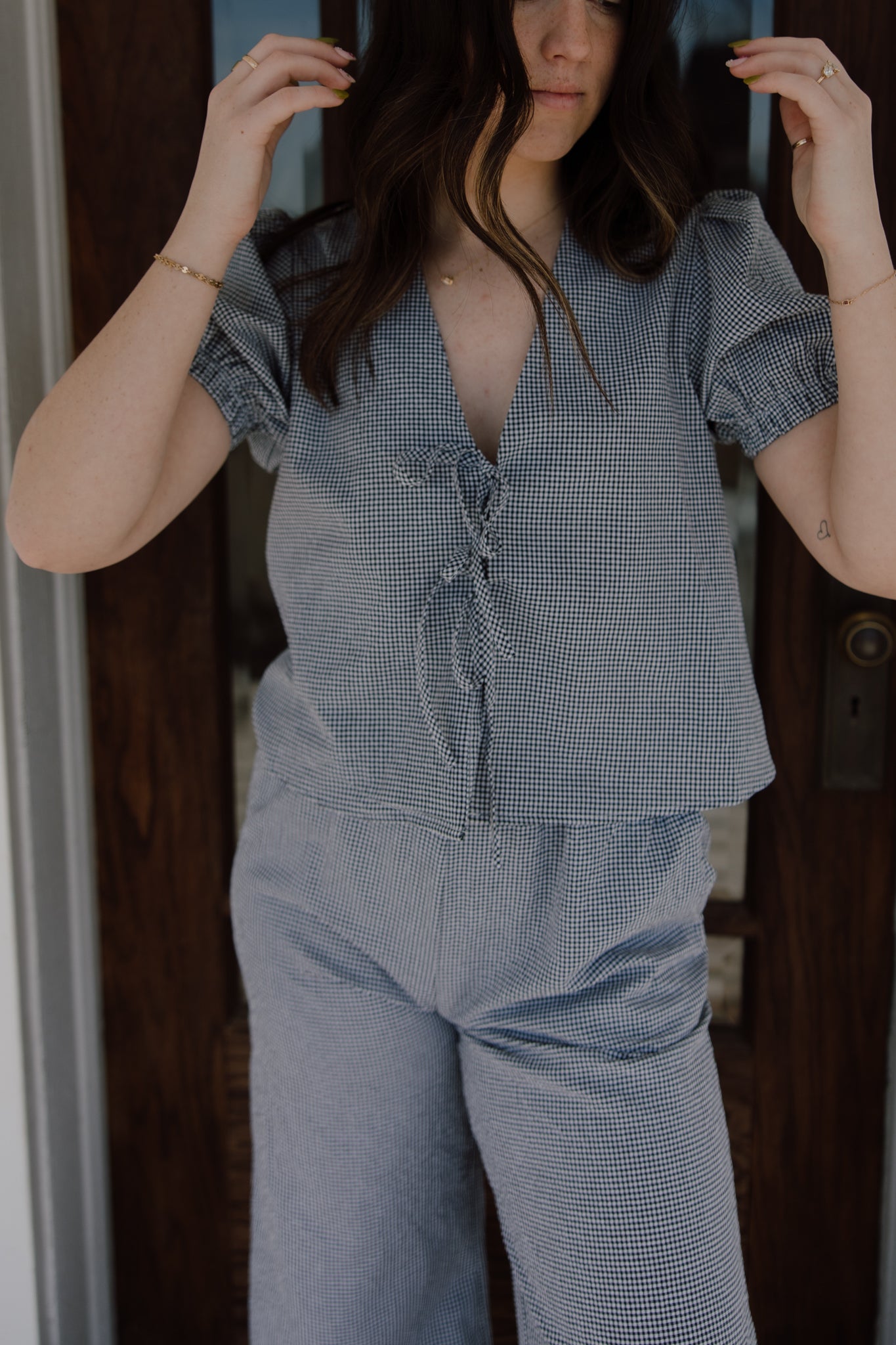 Seersucker Tie Front Blouse