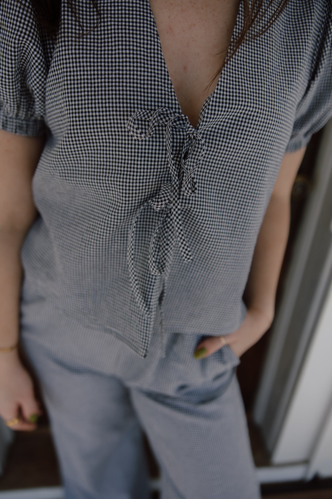 Seersucker Tie Front Blouse